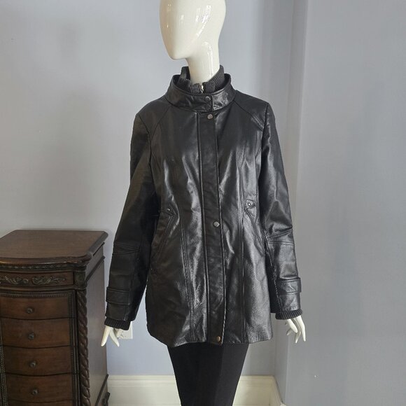 Danier Black leather Coat - Stand Collar Mid-Lenght Jacket - Picture 1 of 4